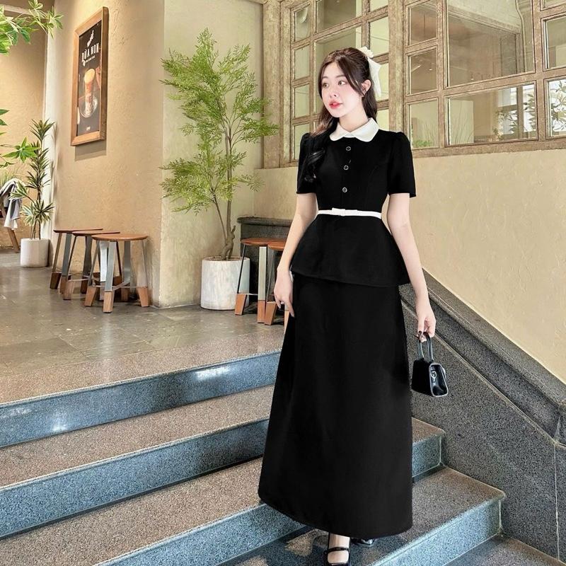 Tách lẻ SET ÁO PEPLUM CỔ SEN ĐÍNH NƠ NÚT KÈM CHÂN VÁY CHỮ A DÁNG DÀI MIDI phù hợp đi chơi đi làm đi tiệc