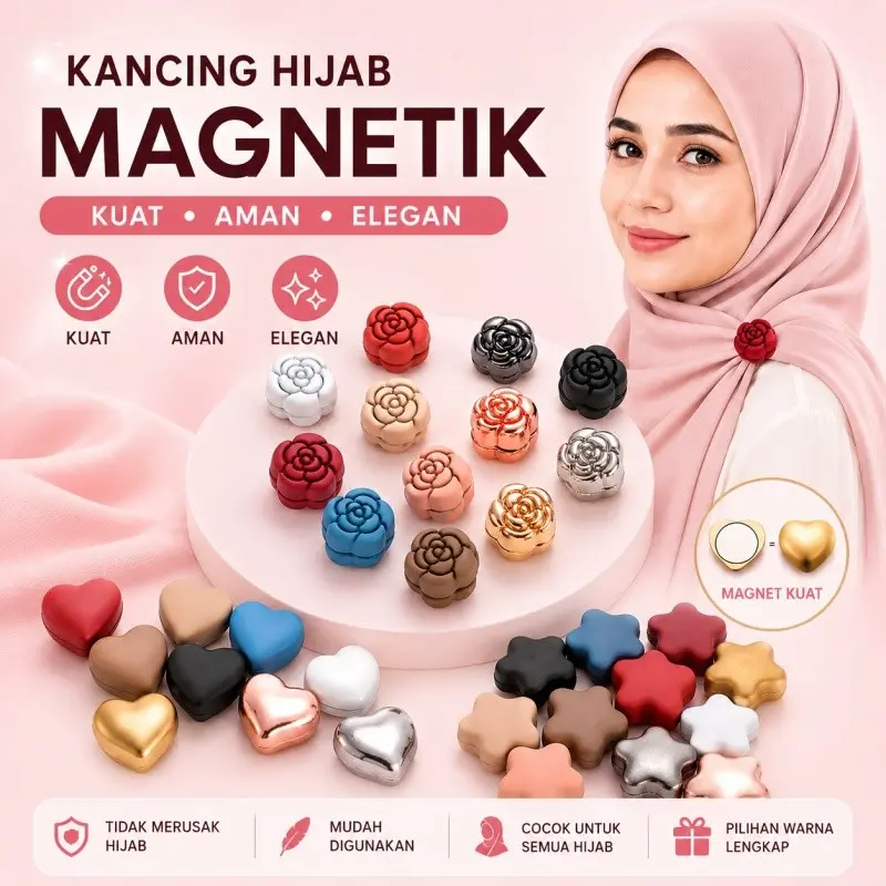 Kancing Jilbab Magnet Warna-warni, Kuat Tanpa Bekas, Penahan Syal Anti Melorot Dan Terbuka