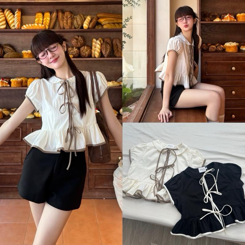  VARIE TOP - Áo Kiểu DEROSE Cổ Sơ Mi Tròn Bầu Nữ Cột Dây Viền Bèo Nhúng Dễ Thương Mẫu Áo Kiểu Nữ 