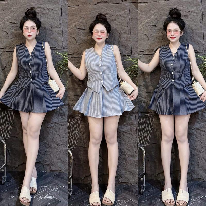 Set đồ nữ xinh BigSize, Set KẺ SỌC Áo GHI LÊ Phối Nút MIX Chân Váy XẾP LY Siêu Hot 3 MÀU Siêu Xinh - HẰNG MOON