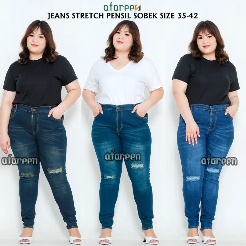 AFAREEN - Celana Jeans Pensil Wanita Sobek Tidak Tembus Melar Jumbo Jeans Skinny Big Size 35-42
