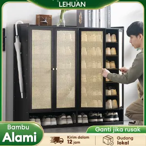 LH-Lemari Sepatu Tertutup bambu Box Sepatu Rak Sepatu Minimalis Lemari Sepatu Rotan Jaring Bernapas Rak Sepatu Kayu Jaring Bernapas Shoes Kabinet Multifungsi