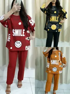 SETELAN wanita motif SMILE baju lengan 7/8 celana panjang pakaian wanita dewasa outfit fashion kekinian