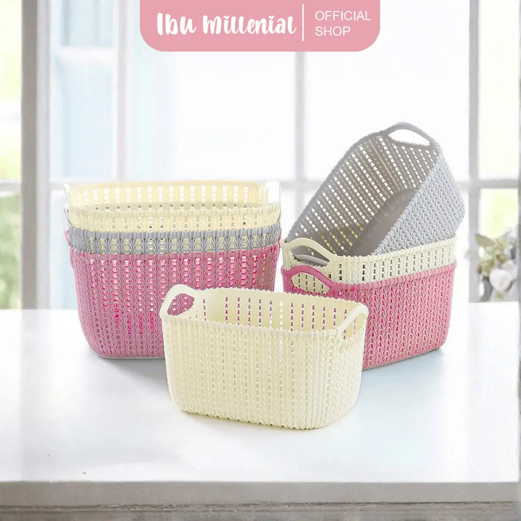 IBUMILLENIAL Keranjang Plastik Motif Rotan Aesthetic Storage Basket Kotak Penyimpanan Kamar Mandi Mainan Makanan Dengan Handle STO053
