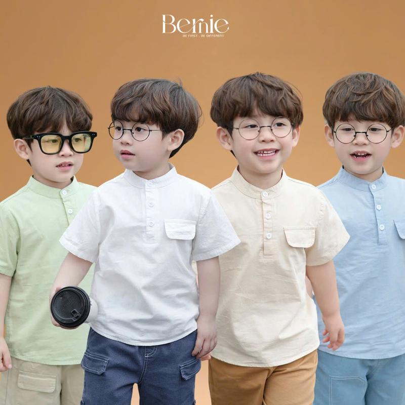 Áo sơ mi cổ trụ cho bé trai tay ngắn phối túi ngực phong cách hàn quốc 9 tới 28kg BERNIE P1124A93