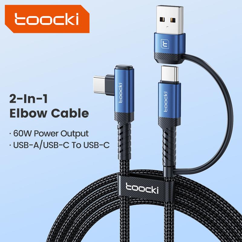 Toocki 100W/60W Type C To Type C Cable Fast Charging USB To Type-C Charger Cord 90 Degree Elbow PD Data Wire 2-in-1 A/C To C Elbow Braided Wire 3
