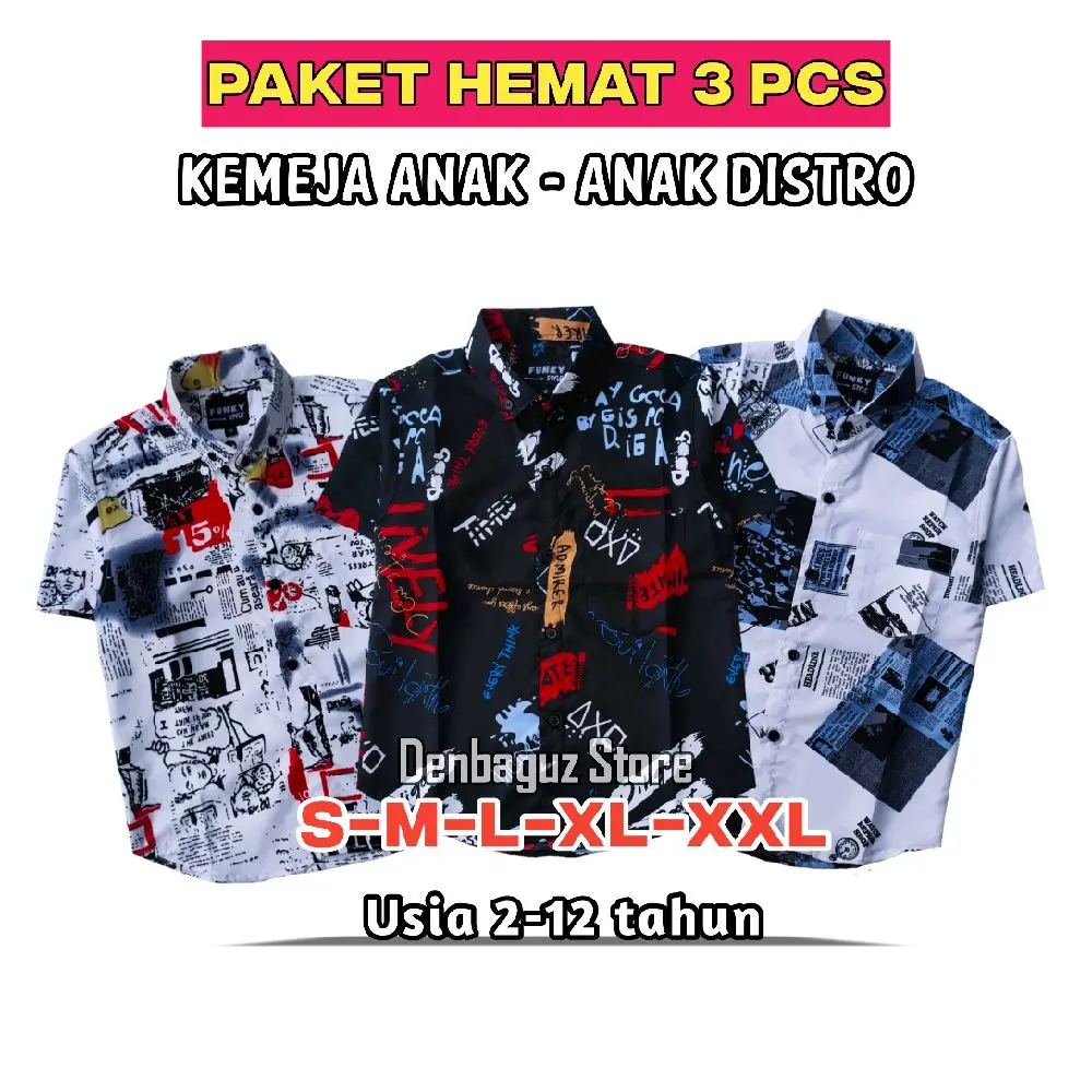 Paket Hemat 3 Pcs Kemeja Anak Anak Distro Lengan Pendek Kemeja Surfing Anak usia 2-12 Tahun
