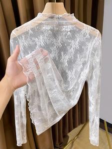 Top de encaje de manga larga para mujer, diseño de cuello medio alto, tela de malla elegante, capa interior perfecta para otoño e invierno