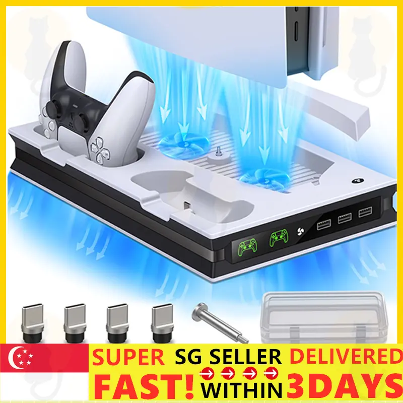 [SG Ready Stock] PS5 Stand with 2 Dual Fast Cooling Fans Controller Charging Station with 3 Extra USB Ports Accessories