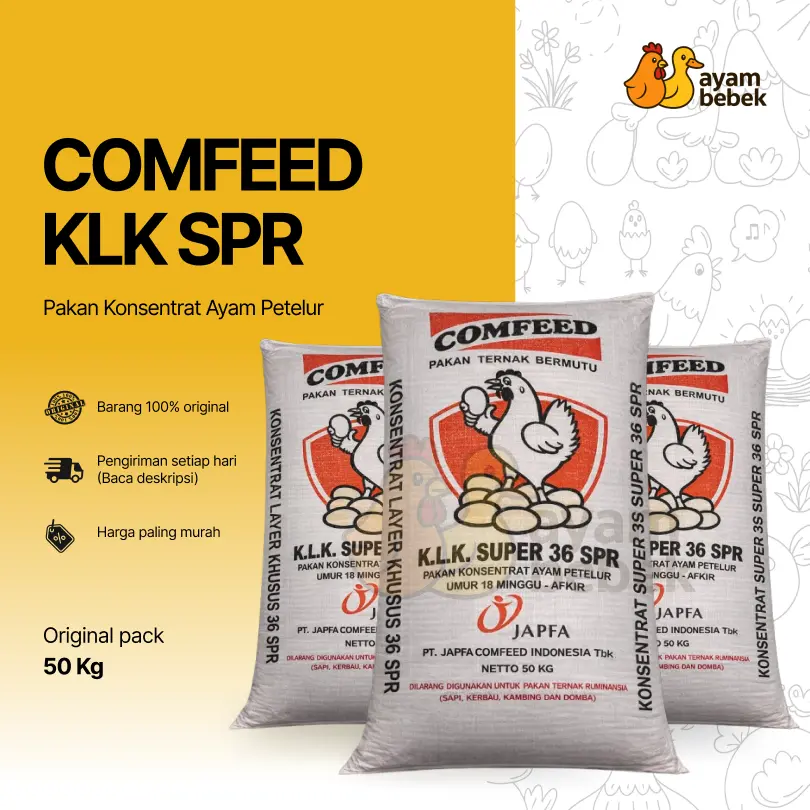K.L.K. SUPER 36 SPR – Pakan Konsentrat Ayam Petelur Umur 18 Minggu–Afkir | GROSIR 20KG - 50KG | JAPFA Comfeed | Konsentrat Layer | AyamBebek Pakan dan Ternak