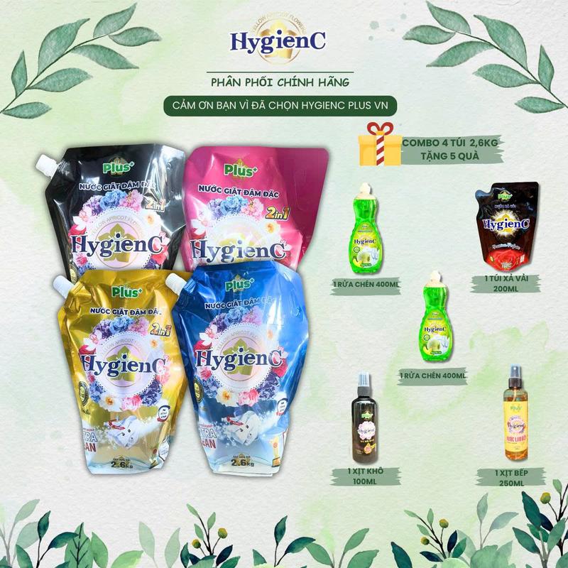 [TẶNG 5 MÓN QUÀ] Combo 4 Túi Nước giặt HygienC Plus (2600ml/Túi) công nghệ Thái Lan thơm ngát, làm sạch - (QUÀ: 1 Túi Xả Vải 200ml + 2 Chai Nước Rửa Chén 400ml/chai + 1 Lau Bếp + 1 Chai Xịt Khô 100ml màu ngẫu nhiên)