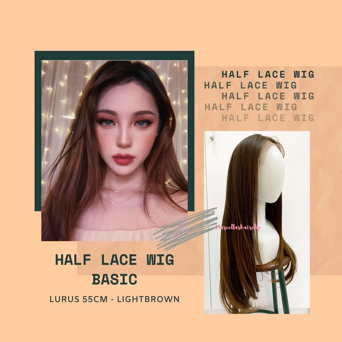 [AKEMI HAIR] - HALF LACE WIG AKEMI LURUS 60cm Rambut Palsu Wanita Dewasa Panjang Natural Premium Wig Bebas Belahan Rambut Marcellashairclip