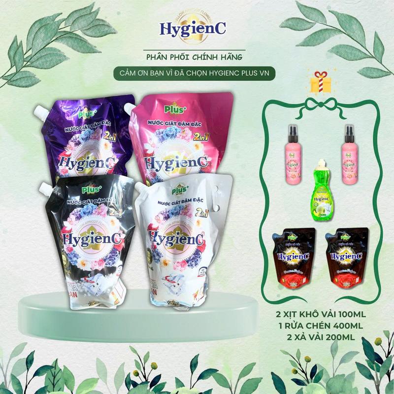   TẶNG 5 MÓN QUÀ  Combo 4 Túi Nước giặt HygienC Plus  2600ml Túi  công nghệ Thái Lan thơm ngát làm sạch -  QUÀ: 2 Túi Xả Vải 200ml + 1 Chai Nước Rửa Chén 400ml chai + 2 Chai Xịt Khô 100ml màu ngẫu nhiên  