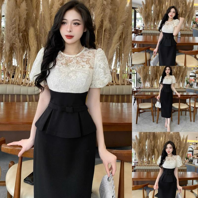 BK22 - Váy Thiết Kế Evii dành cho nữ, Đầm thiết kế cổ tròn phối ren hoa tay bồng, Peplum liền thân dáng bút chì xuông phù hợp đi làm, đi chơi và đi dự tiệc. Có Bigsize Women Dress
