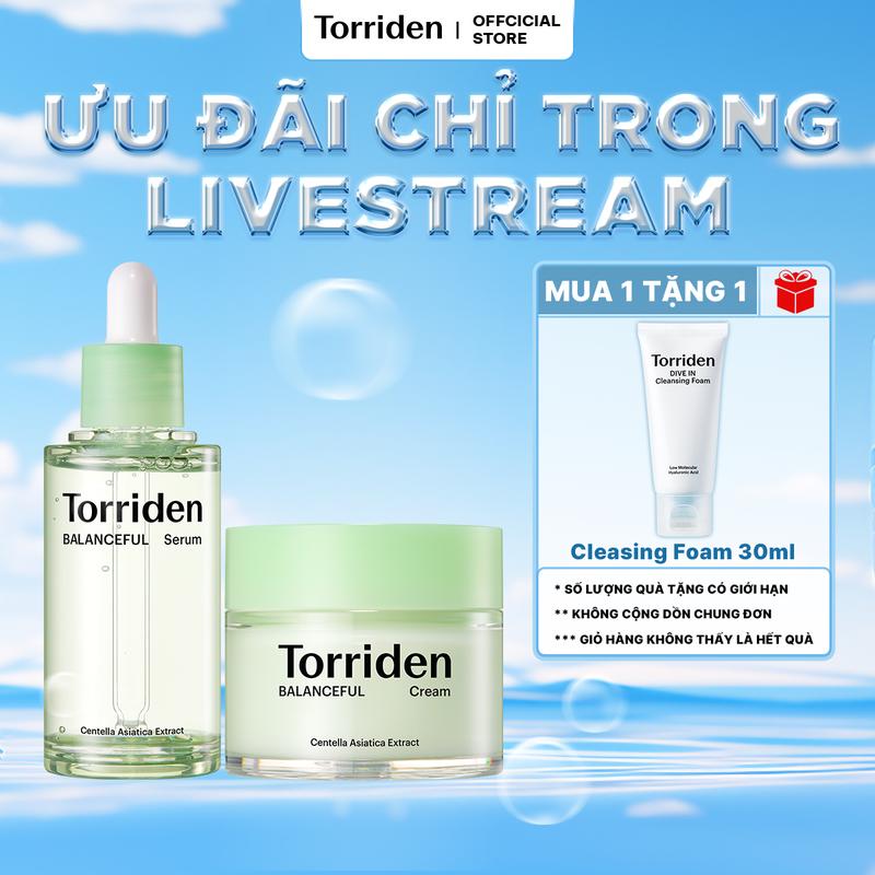 [50ml + 80ml] Combo Chăm Sóc Làn Da Sợi Bã Nhờn, Làm Dịu Da Cùng Serum Và Kem Dưỡng Cica Balanceful Torriden Chiết Xuất Rau Má Skincare Cho Bé Son