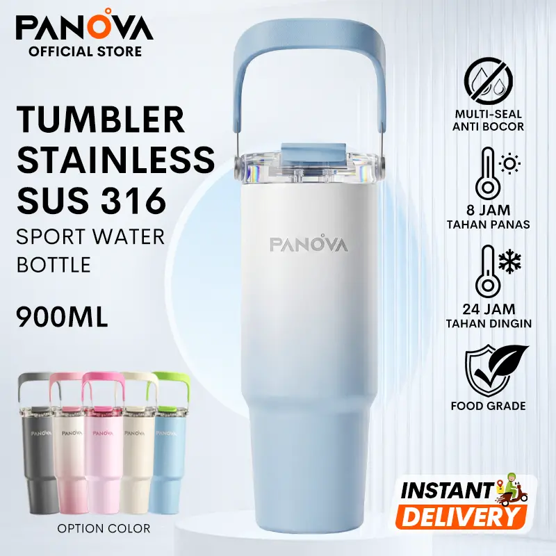 【READY STOCK】PANOVA Tumbler Botol Minum 3 IN 1 Tahan 12 Jam 316 Stainless Steel Phone Stand Handle Botol Minum Anti Tumpah 900ml Cream White Bottles Water Kitchenware BTE41206