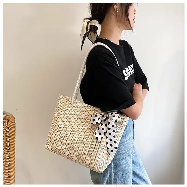 Totebag Kuliah Bahan Anyam Jerami Daisy Dengan Syal Polka Koreain Style Import - BAO158 Anyaman Wanita 1