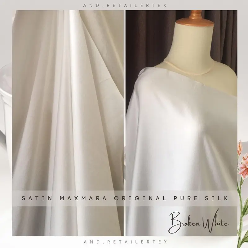 harga setengah meter Kain Satin MXMara Original Pure Silk 100% Warna Putih Tulang Broken White 1