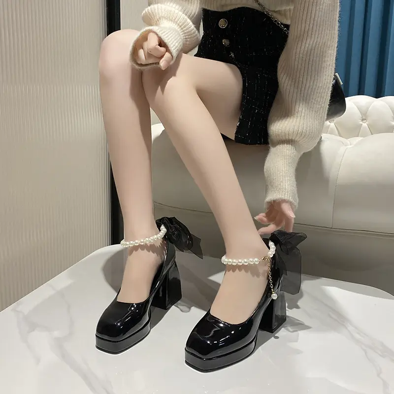 Sepatu Chunky High Heels Tahu Tinggi 9cm Wanita Tali Kekinian Import Pesta Mewah Murah Premium Kondangan Hitam Putih Terbaru Korea Elegan Glossy Wedding Big Size Ankle Strap Mary Jane Shoes - Ukuran 35 36 37 38 39 40 41 42 1