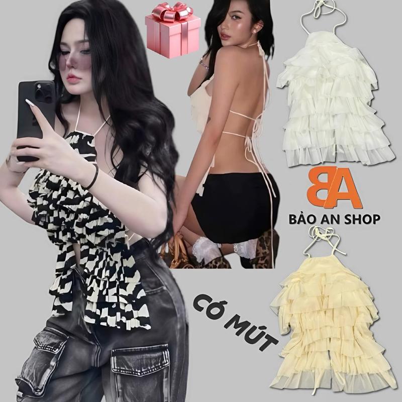 Bảo An Shop A-195 Áo kiểu nữ cổ yếm chất vải lưới kèm lót 2 lớp nhiều tầng hở lưng dây cột Free Size dưới 54kg hot top trend có mút