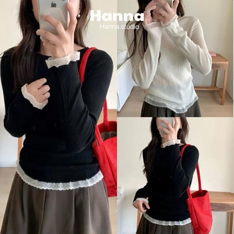   Mẫu Mới  Áo len dài tay nữ mùa xuân thu ren cổ tròn mỏng thời trang nữ Top 