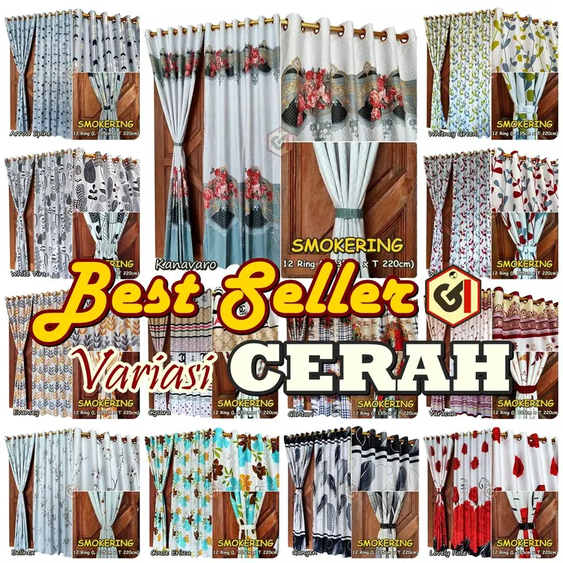 Gorden Pintu Jendela Smokring 12 Ring Ukuran 135x220cm Bahan Katun Disperse Warna Motif Dominan Putih Cerah Tali Korden 7