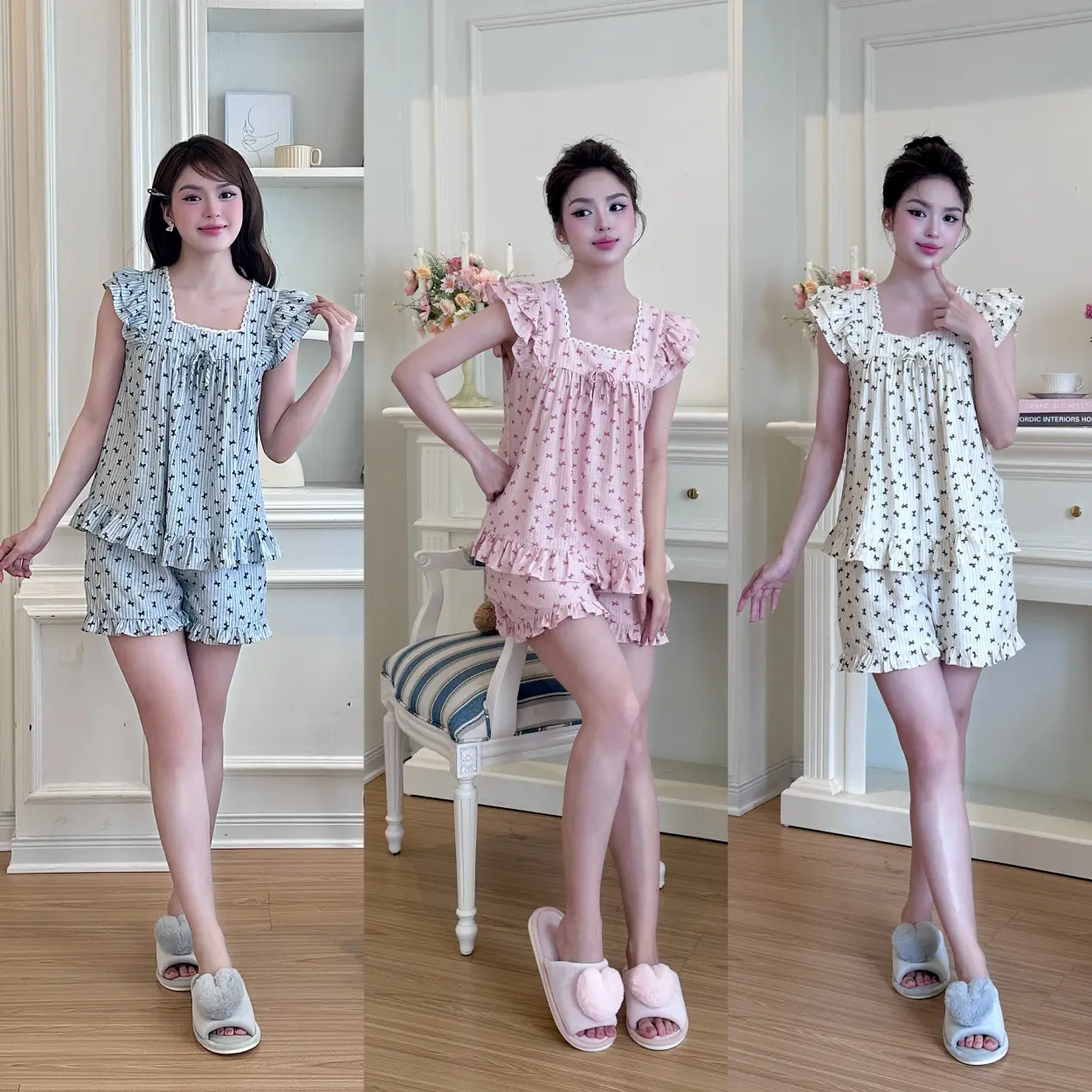 BỘ MẶC NHÀ SHE BY ZAM - CDBN - BỘ NGẮN TAY QUẦN ĐÙI BÈO NƠ CÁNH TIÊN