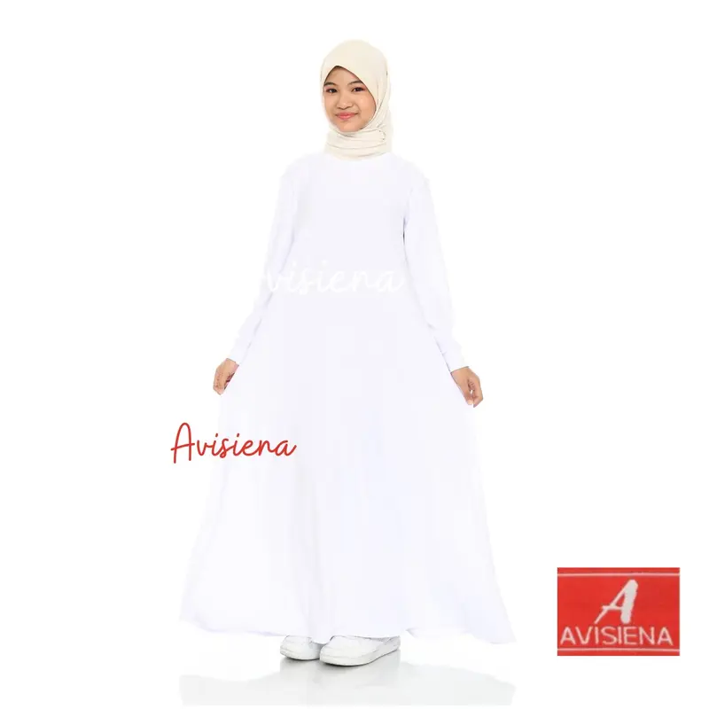 Avisiena - Gamis Polos Anak jersey  Inner anak lengan panjang dalaman gamis anak remaja tanggung Hitam putih Basic Dress Muslim Nyaman Sekolah White 1