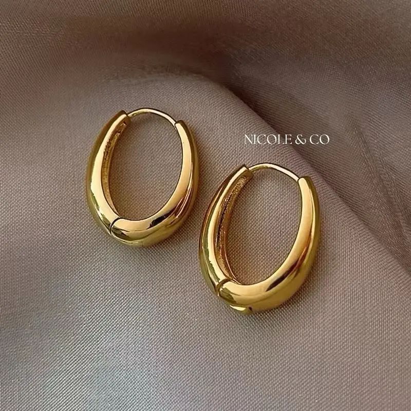 Nicole & Co (B01) - Anting Gold Oval Hoop / Anting Bulat Dangle Emas / Anting Fashion Korea / Giwang Anti Karat