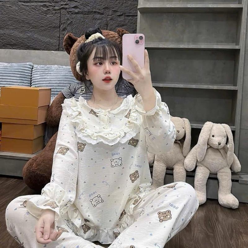Bộ dài đũi mềm mát cổ tròn yếm ren 2 nơ ngực 40-60kg 5
