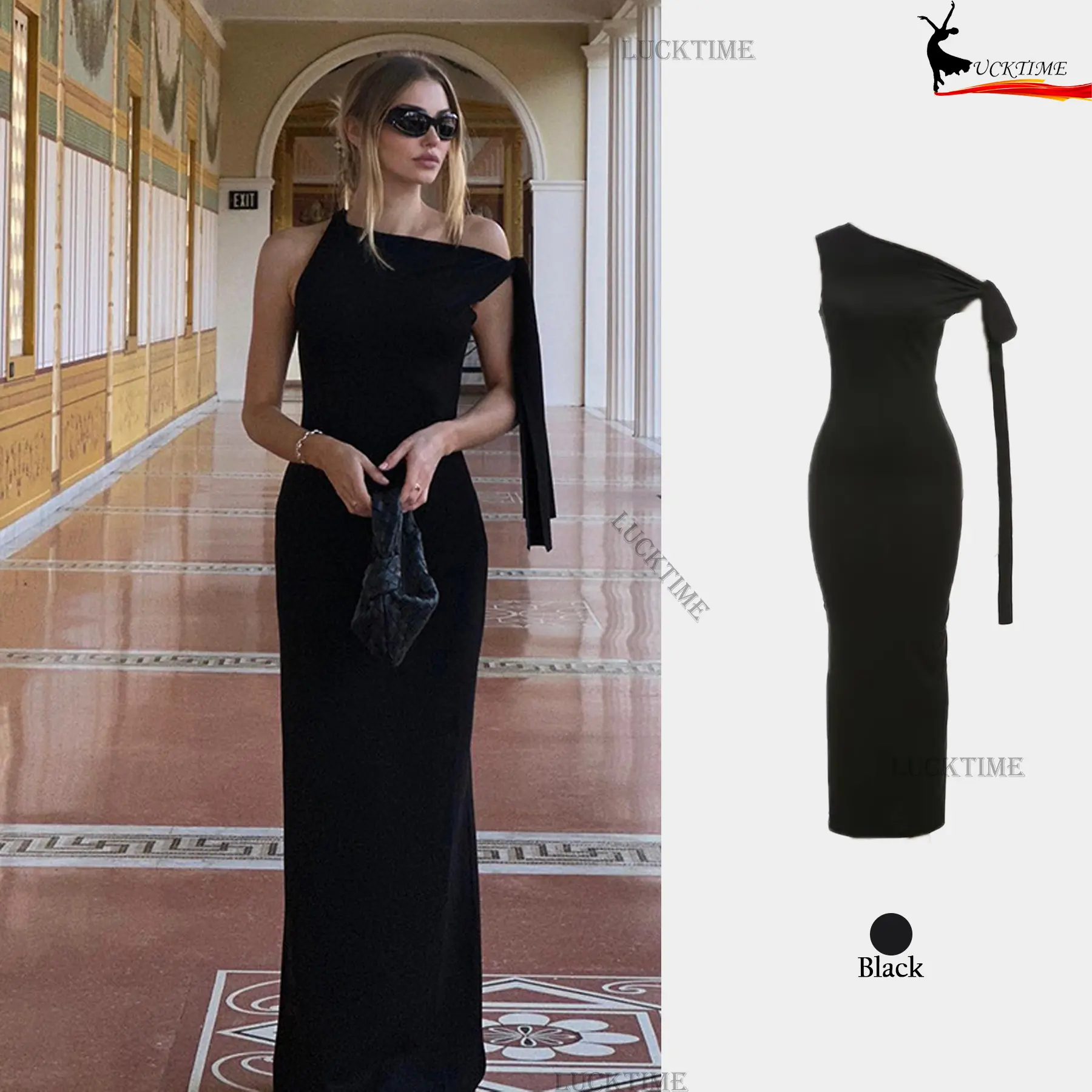 Elegant Minimalist Hip-wrapped Temperament Lace Up Shoulders Fashion Style Mixi Dress for Women Party Club Workwear Office Lady Formal Womenswear Comfortable