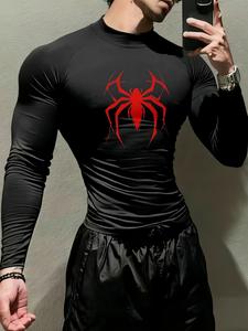 Camiseta fitness masculina de secado rápido, elástica, con estampado de araña, cuello alto, manga larga, de compresión que absorbe humedad, ideal para entrenamientos y rendimiento deportivo en todas las estaciones.