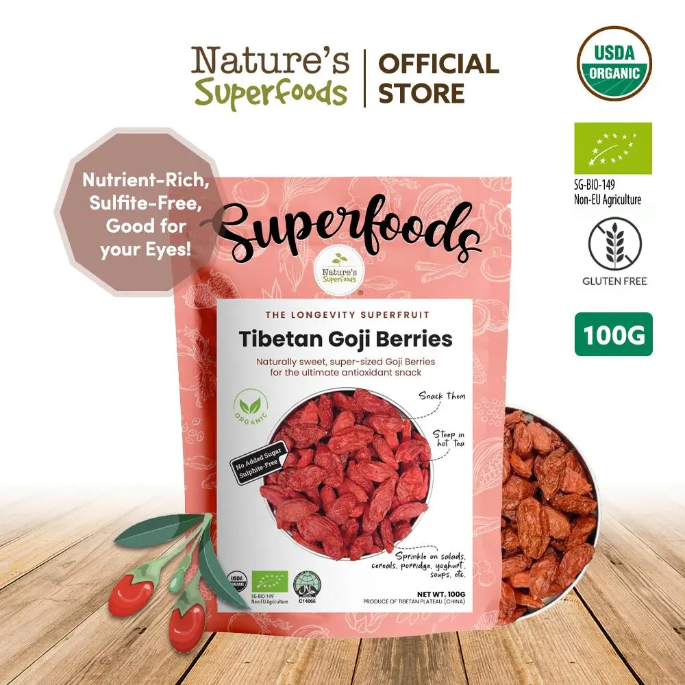 Nature's Superfoods Organic Dried Tibetan Goji Berries 100g l Supersize l Naturally Sweet l Great for Eyes (SULFITE FREE