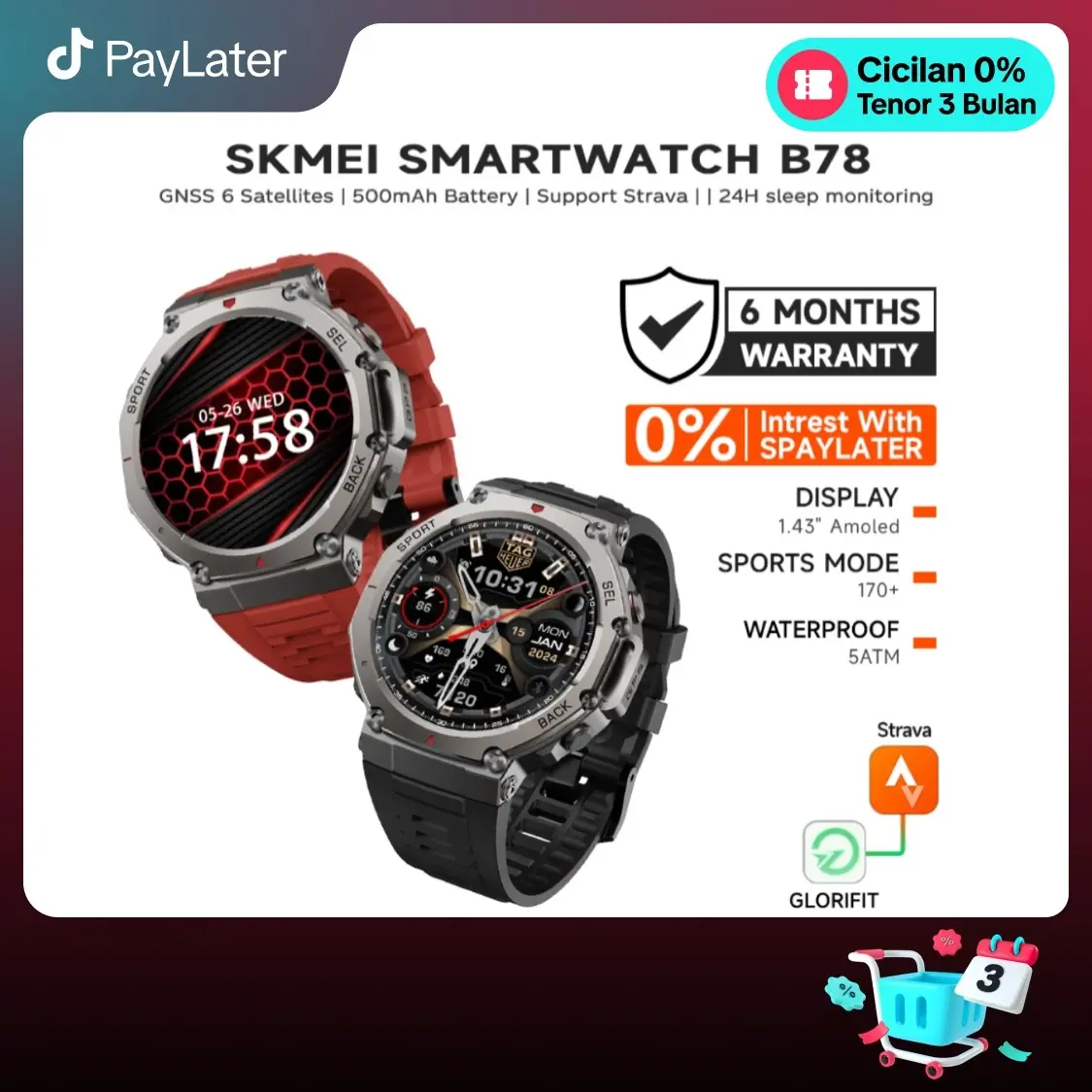 SKMEI Smartwatch GPS | 1.43" AMOLED HD | 5ATM Waterproof | Bluetooth Call | Altitude & Compass | 170+ Sport Modes | Jam Olahraga | Mendukung Strava