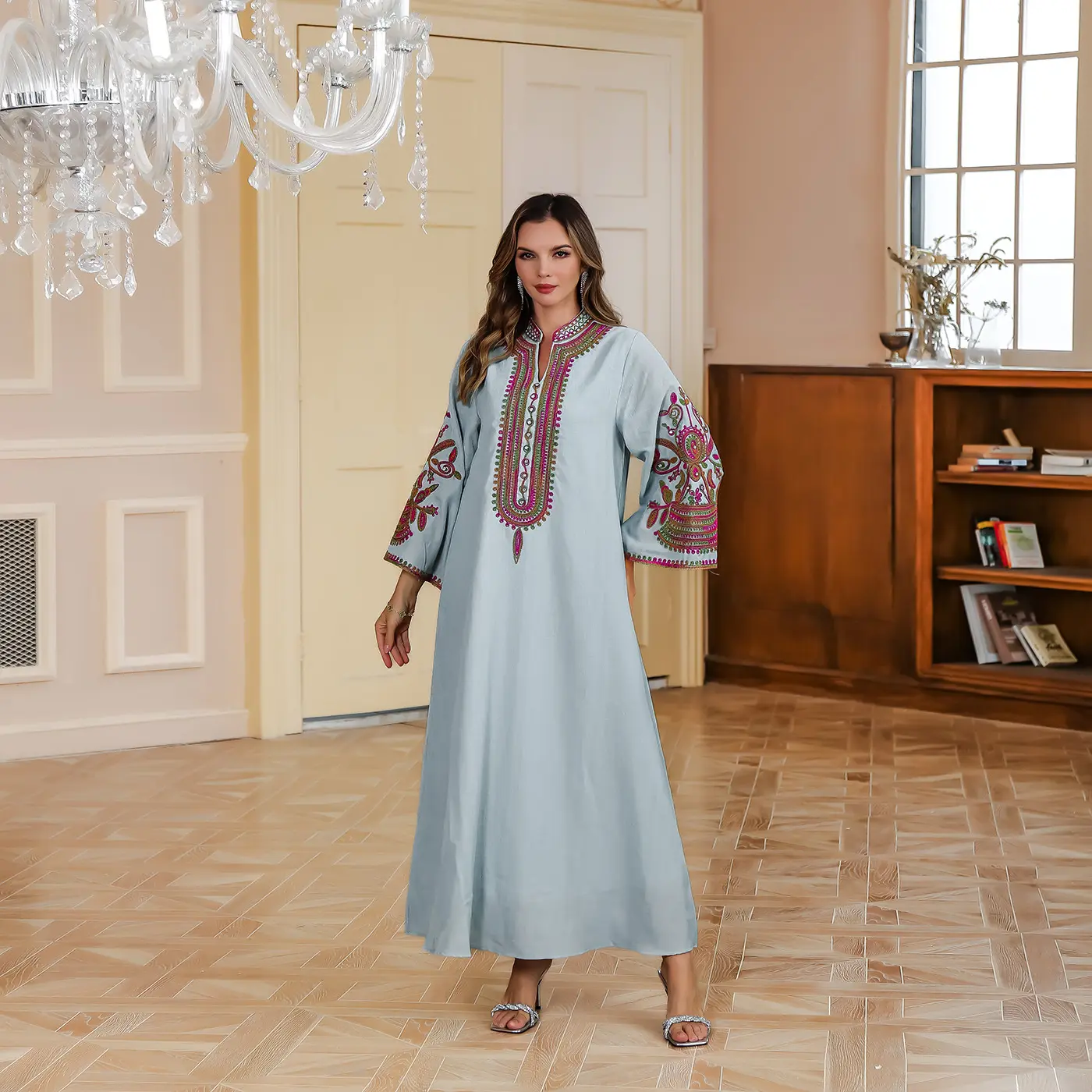 abaya careen camelia New Women's Long-Sleeve Dress - Middle Eastern Ethnic Print Muslim Abaya, European and American Dubai Style Gown---WT030915 brokat  kondangan abaya  alya