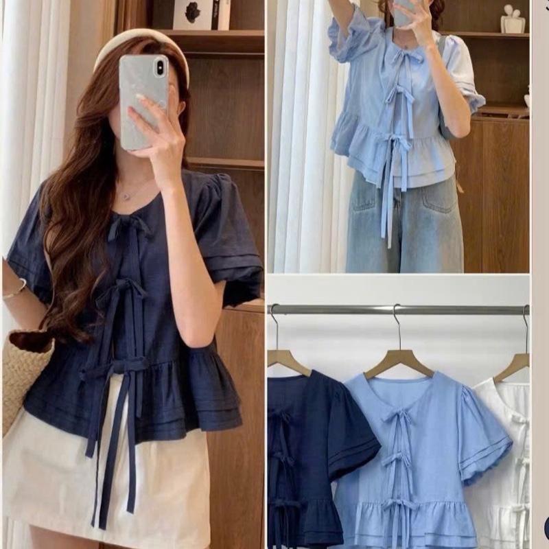 Áo babydoll dây buộc tay bồng Bigsize 45-85kg ( SN302) kiểu dáng xếp ly bèo dưới chất liệu lụa hàn mát mẻ