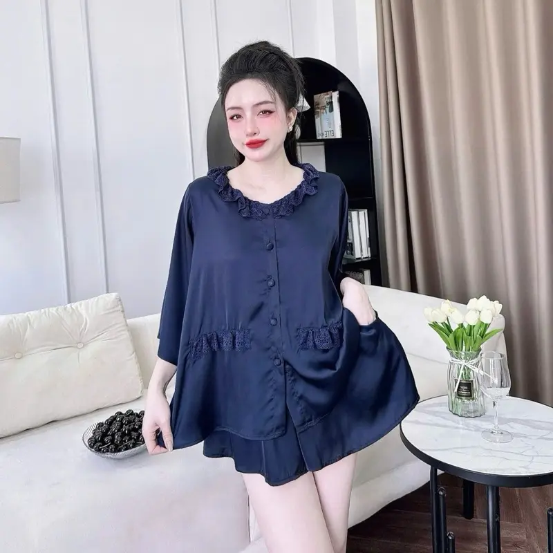 Set Đồ Ngủ Lụa Latin Tay Loe Viền Cổ Phối Ren , Quần Đùi Có Túi (45-75kg) Women 7