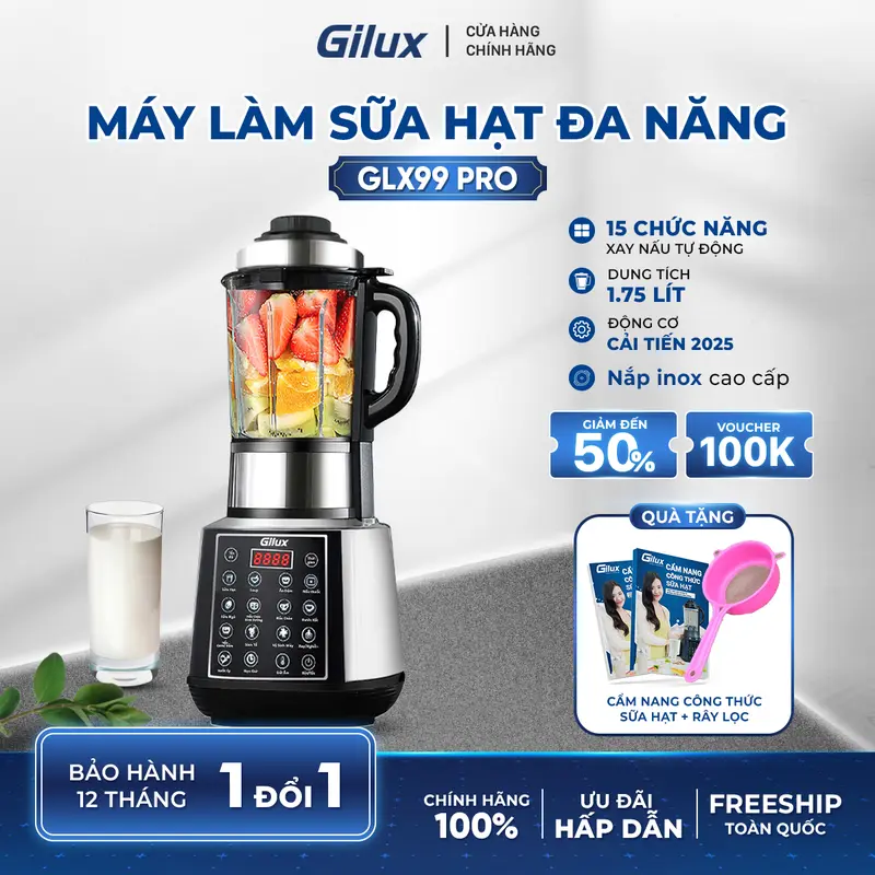 [Phiên Bản Mới 2025] Máy Làm Sữa Hạt GLX99Pro - 15 Chức năng- Dung Tích 1,75L - Nắp Inox + Cẩm Nang Công Thức Sữa Hạt 0