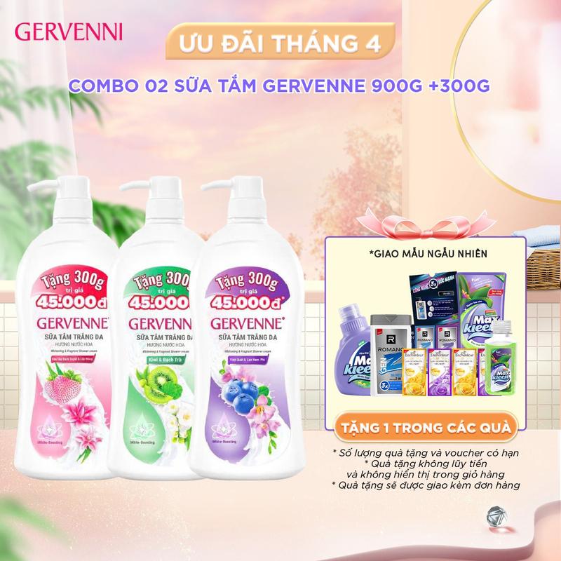 [Tăng 33% dung tích] COMBO 02 Sữa tắm Gervenne hương Dâu tây bạch tuyết & Lily hồng/Kiwi xanh & hoa bạch trà/Việt quất & hoa lan Nam Phi 900g