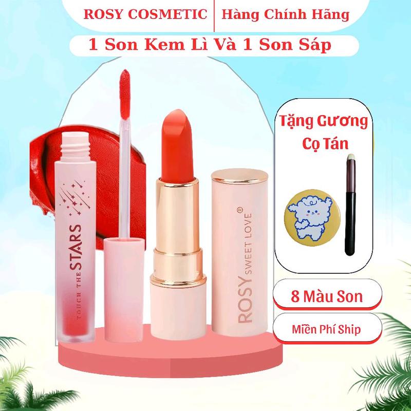 [ TẶNG CỌ VÀ GƯƠNG] COMBO 1 SON SÁP + 1 SON KEM LÌ . Son Rosy không chì , không thủy ngân, dưỡng môi, son lì , kháng nước. Nữ Women Son Môi Cosmetic Trang Điểm Mỹ Phẩm