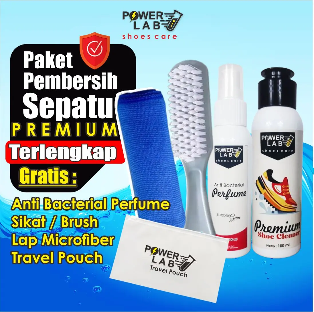 Powerlab Paket Shoes Cleaner Cleaners  Sabun Pembersih Cuci Sepatu Sneakers Tanpa Air Tanpa Bilas Untuk Warna Putih Hitam Merah Biru Bahan Kanvas Canvas Suede