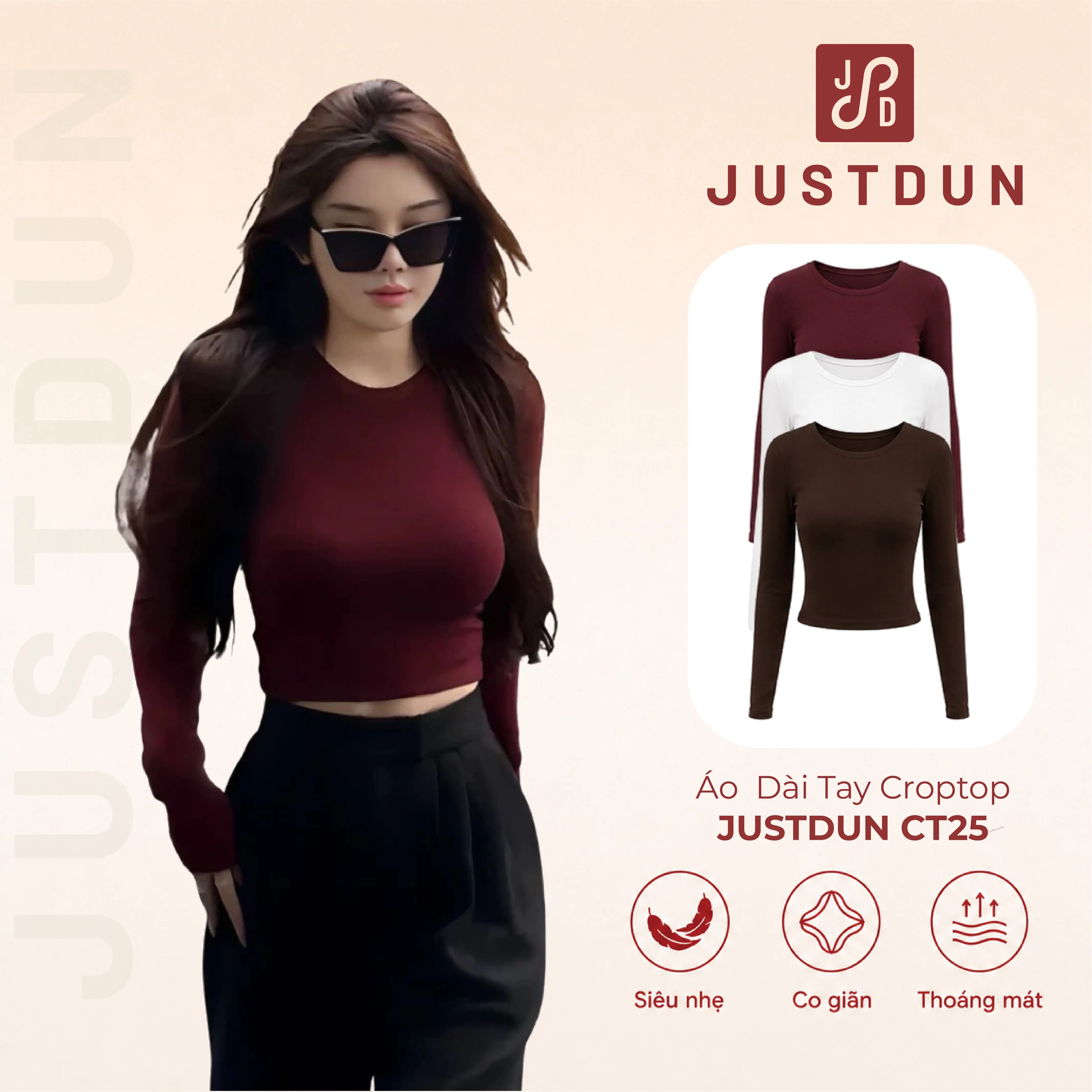 [DEAL XẢ KHO] Áo Thun Nữ Dài Tay Croptop JUSTDUN CT25 – Dáng Ôm Body, Chất Liệu Cotton Mịn Mềm, Co Giãn Thoải Mái