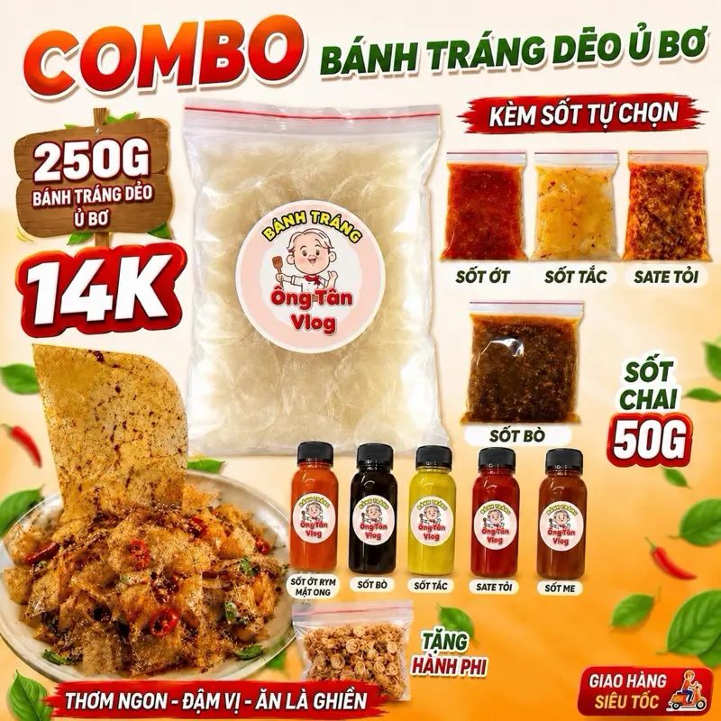 250g Bánh Tráng Kèm Muối Nhuyễn Hành Phi Tặng Sốt Tự Chọn- Dùng Chay được