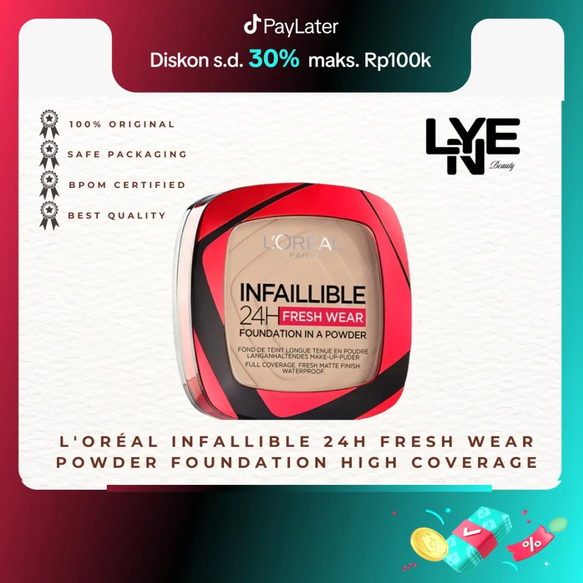L'Oréal Paris Infallible 24h Fresh Wear Powder Foundation High Coverage, Fresh and Matte Finish Makeup - 9gr