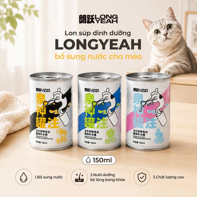 【LONGYEAH】 150ml Đồ hộp bổ sung nước mỗi ngày cho mèo – 3 vị, 3 nguồn đạm –…