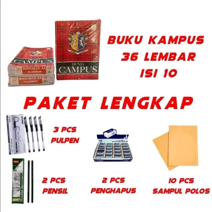 1 paket murah buku campus 36 lembar 10 buku + sampul pulpen pensil dan penghapus 0