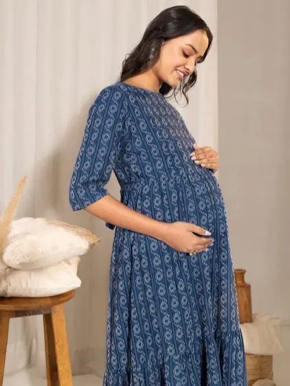 [Ready SG Stock- Size M L XL 2XL 3XL] Women's Maternity Wear Blue Cotton Woven Flared Dress Maternity Kurta- Indian Dresses