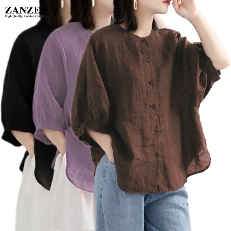 Korean Women Shirts Summer Top cotton linen blouse 3/4 Sleeve Solid Color Blouse Plus Size Blouse