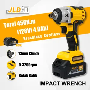 JLD-II Cordless Impact Wrench 450NM Brushless Motor Torsi Besar 5001 Mesin Bor Impact Baterai 4.0Ah LED Bolak Balik 13mm Chuck alat bengkel