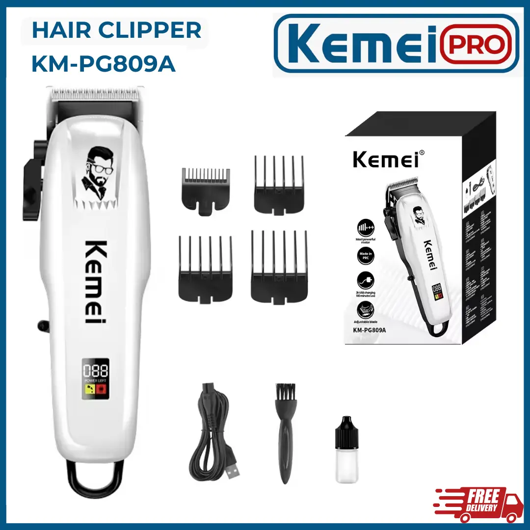 KEMEI PG809A Alat Cukur Rambut Kemei PG809A Putih Kabel USB Charge KM PG 809A Rechargeable Hair Clipper Mesin Rambut PG809A 809APG Putih LED Indikator Angka Mesin Cukur Rambut